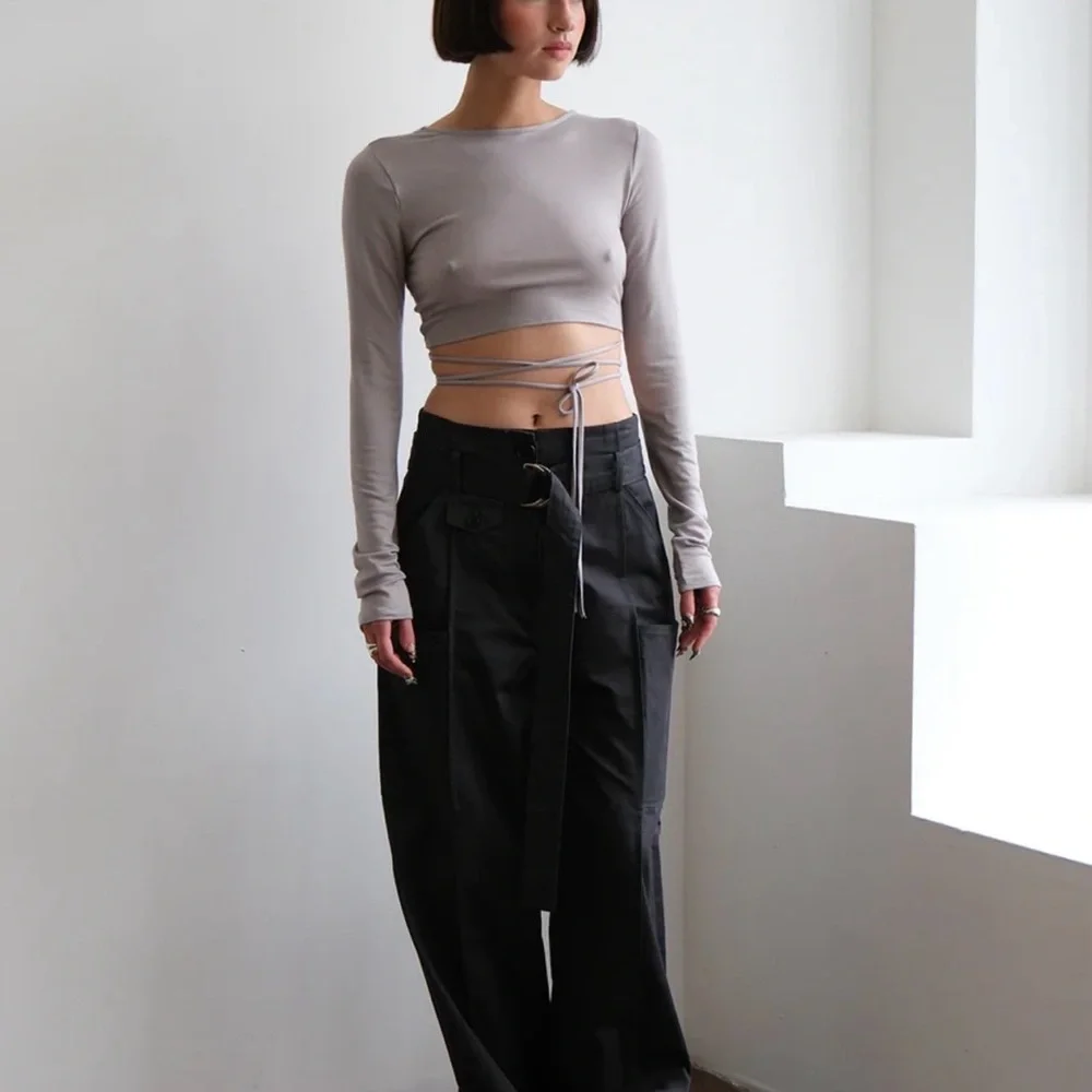 GEEL Elegant light Grey Long Sleeve Crop Top - Picture 2 of 3